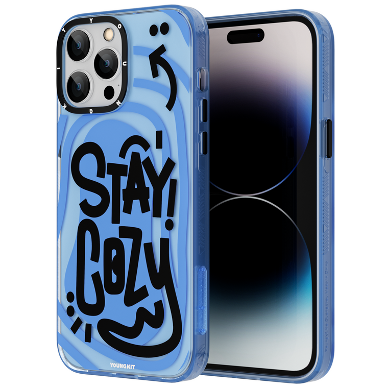 iPhone 15 Pro Case YOUNGKIT Happy Mood Luxury Designer Brand Shockproof iPhone Case Blue Stay Cozy