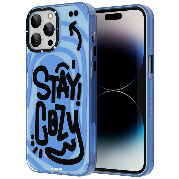 iPhone 14 Pro Case YOUNGKIT Happy Mood Luxury Designer Brand Shockproof iPhone Case Blue Stay Cozy