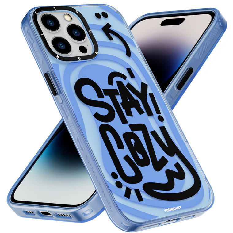iPhone 15 Pro Case YOUNGKIT Happy Mood Luxury Designer Brand Shockproof iPhone Case Blue Stay Cozy