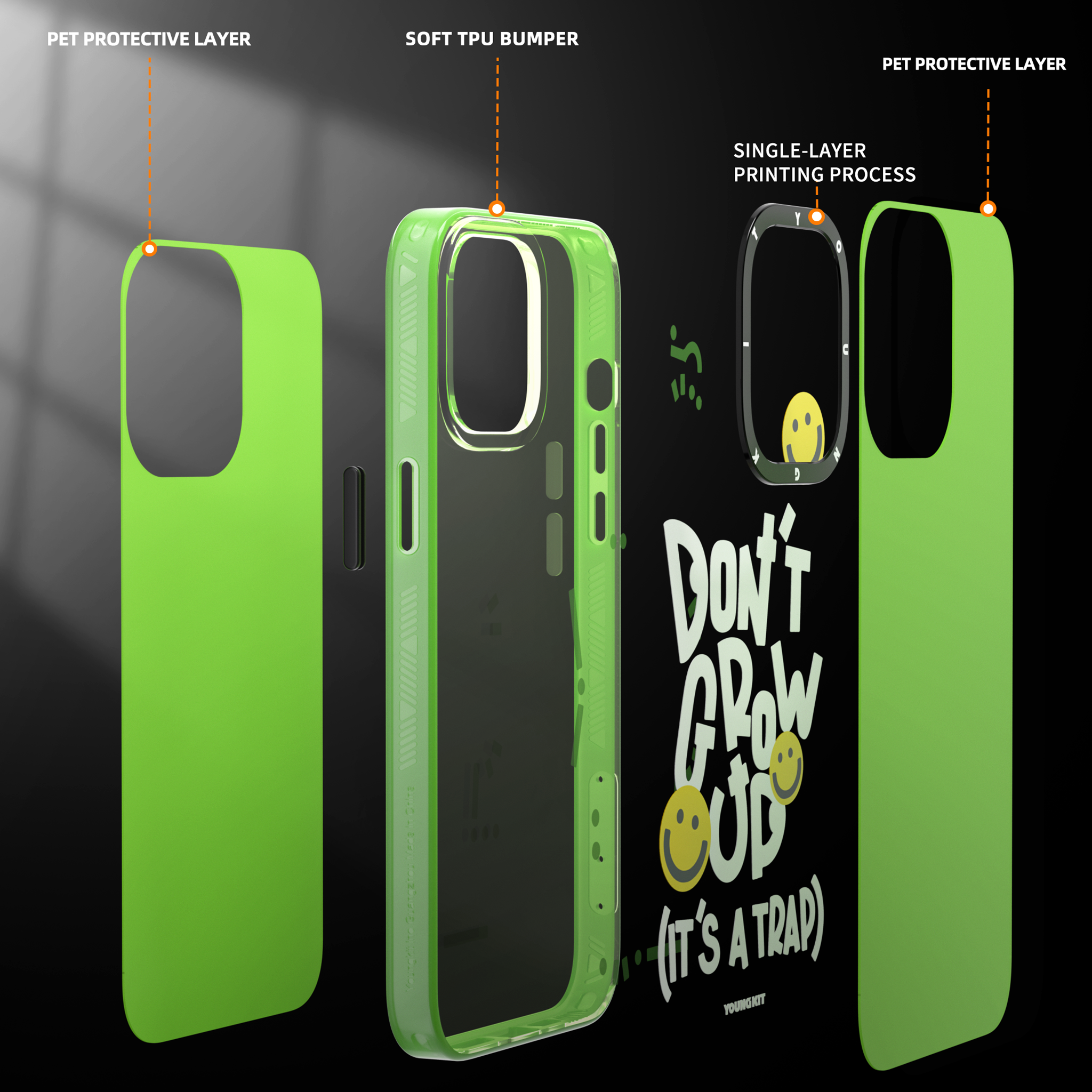 iPhone 15 Pro Max Case YOUNGKIT Happy Mood Luxury Designer Brand Shockproof Green Don`t Grow Up